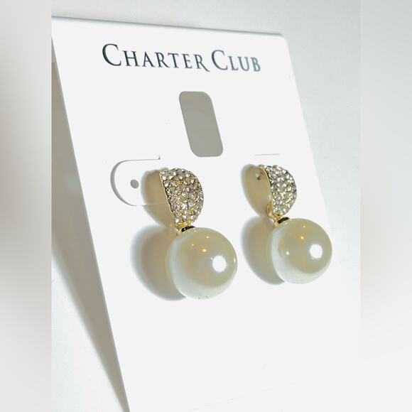 NEW Charter Club Pearl Drop EARRINGS 1" Pave Crystal & Faux Pearl Post Back Gold - Picture 1 of 4